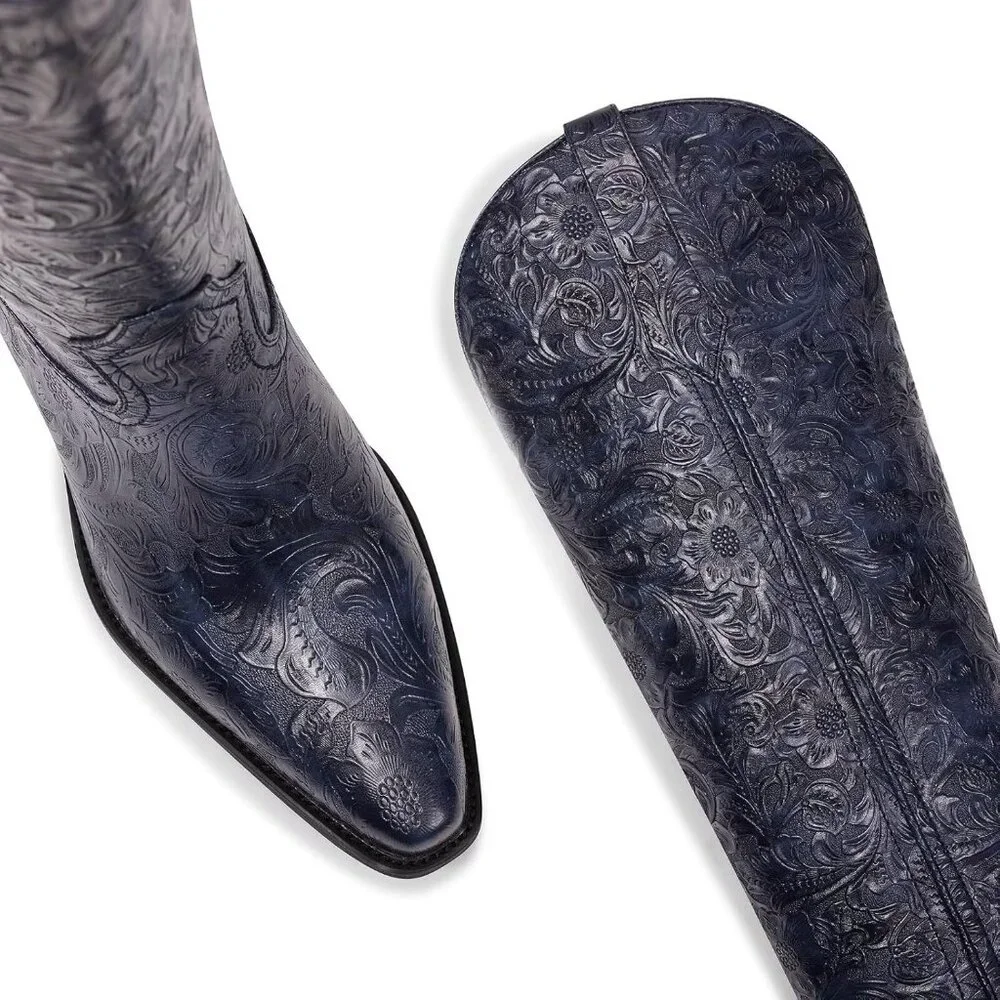 Women Blue Boots Embossed Knee High Western Boots Pointed Toe Comfortable